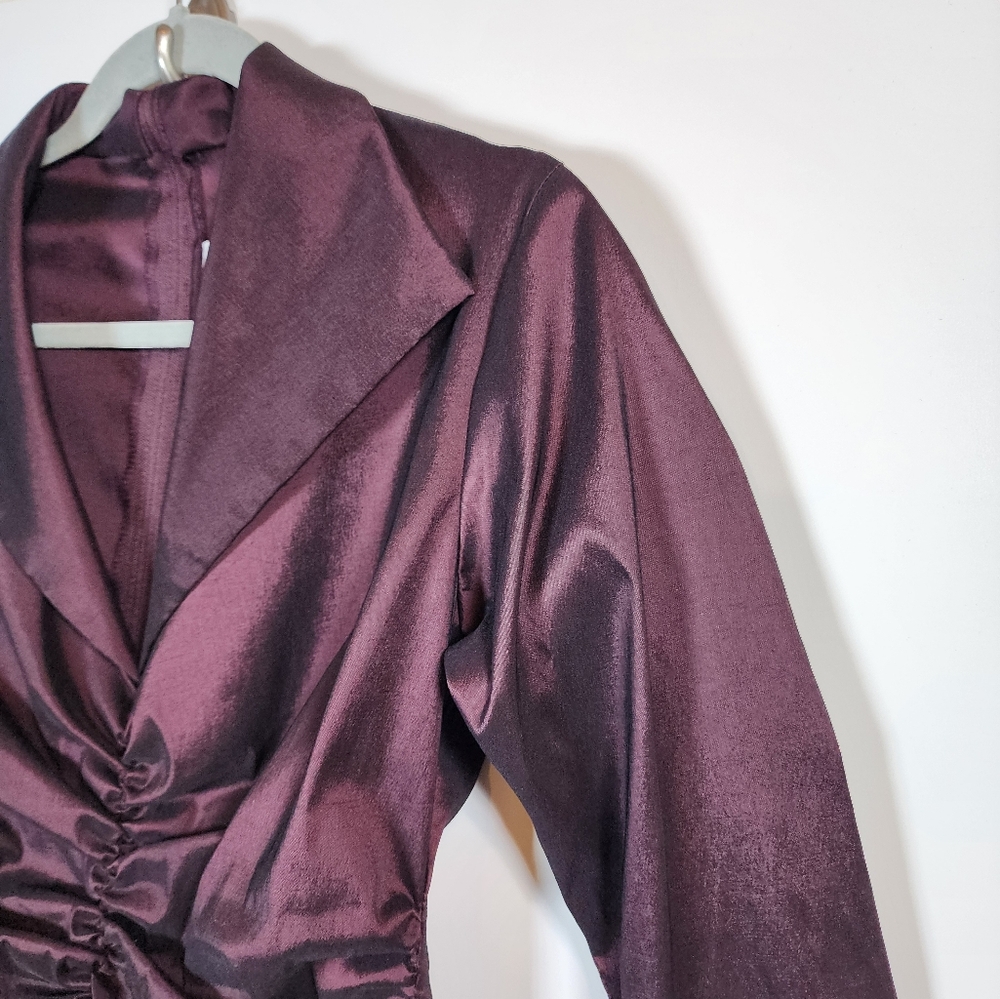 Tadashi Shoji Vintage Eggplant Purple Formal Elegant Collared Ruched Gown 8 - Picture 7 of 16